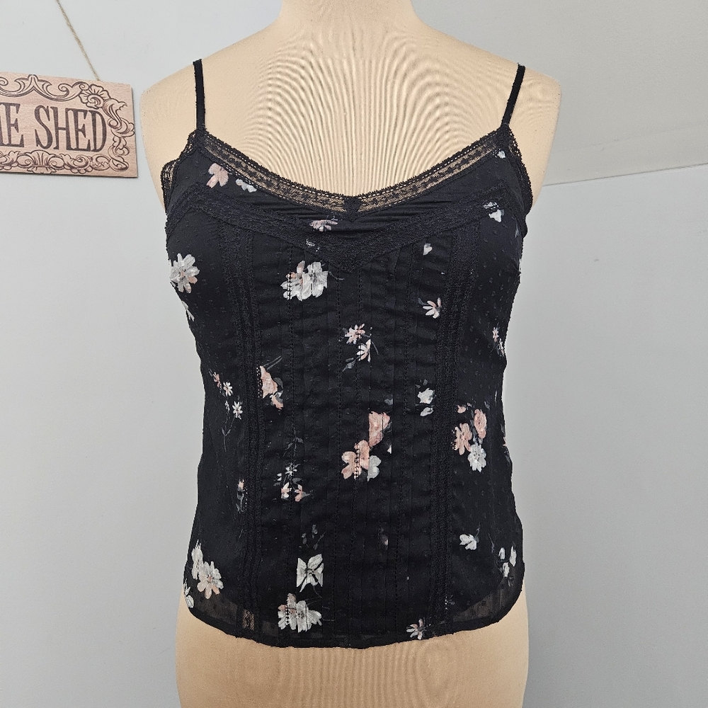 Abercrombie & Fitch Black Floral Lace Trim Camisole Tank Top XS Y2K Cottagecore